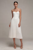 White Spaghetti Straps Pleated A Line Midi Corset Graduation Dress