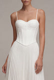 White Spaghetti Straps Pleated A Line Midi Corset Graduation Dress
