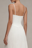 White Spaghetti Straps Pleated A Line Midi Corset Graduation Dress