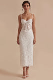 White Lace Spaghetti Straps Bodycon Midi Corset Graduation Dress