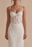 White Lace Spaghetti Straps Bodycon Midi Corset Graduation Dress