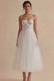 White Tulle Spaghetti Straps A Line Corset Midi Graduation Dress