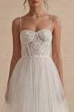 White Tulle Spaghetti Straps A Line Corset Midi Graduation Dress