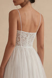 White Tulle Spaghetti Straps A Line Corset Midi Graduation Dress