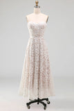 White Lace Spaghetti Dress A Line Ankle Length Corset Graduation Dress