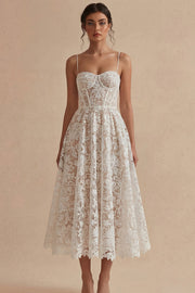 White Lace Spaghetti Dress A Line Ankle Length Corset Graduation Dress