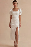 White Satin Square Neck Sheath Midi Graduation Dress with Slit