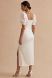 White Satin Square Neck Sheath Midi Graduation Dress with Slit