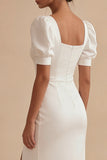 White Satin Square Neck Sheath Midi Graduation Dress with Slit