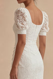White Lace Square Neck Puff Sleeves Ankle Length Graduation Dress with Slit