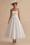 White Strapless Long Floral Lace A Line Boho Wedding Dress