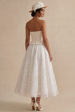 White Strapless Long Floral Lace A Line Boho Wedding Dress