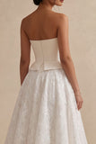 White Strapless Long Floral Lace A Line Boho Wedding Dress