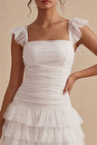 White Square Neck Short Ruched A Line Graduation Dress with Ruffles