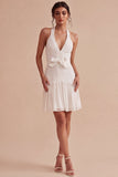 Halter White A Line Mini Dress with Bow