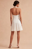 Halter White A Line Mini Dress with Bow