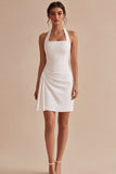 Halter Bodycon Ruched Open Back Little White Dress