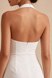 Halter Bodycon Ruched Open Back Little White Dress