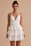 White A Line Halter Tiered Ruffle Mini Dress with Bow