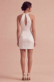 White Halter Bodycon Ruched Keyhole Mini Dress