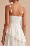 A Line Spaghetti Straps Ruched Ruffled White Mini Dress