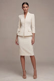 Zapaka Women Ivory Midi Business Dress 2 Piece Shawl Lapel Single Breasted 3/4 Sleeves Dress Suits