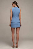 Steel Blue 2 Piece Notched Lapel Slim Fit Single Breasted Short Business Dress