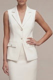 Single Breasted White Midi 2 Piece Notched Lapel Business Dress with Back Slit