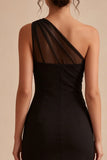 One Shoulder Ruched Mesh Tight Little Black Dress