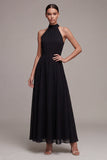 Black Backless Halter A Line Long Formal Dress