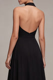Black Backless Halter A Line Long Formal Dress