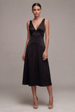Black A Line Satin Long V-Neck Formal Dress