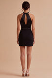 Keyhole Round Neck Ruched Tight Little Black Dress
