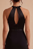 Keyhole Round Neck Ruched Tight Little Black Dress