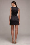 Keyhole Satin Boat Neck Tight Little Black Dress