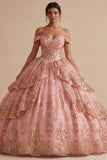 Off the Shoulder Pink Ruffled Ball Gown Quinceanera Dress
