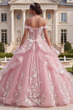 Pink Off the Shoulder Appliqued Ruffled Ball Gown Quinceanera Dress