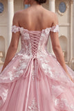 Pink Off the Shoulder Appliqued Ruffled Ball Gown Quinceanera Dress