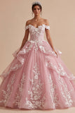 Pink Off the Shoulder Appliqued Ruffled Ball Gown Quinceanera Dress
