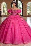 Sparkly Off The Shoulder Fuchsia Corset Ball-Gown Quinceanera Dress
