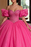 Sparkly Off The Shoulder Fuchsia Corset Ball-Gown Quinceanera Dress
