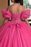 Sparkly Off The Shoulder Fuchsia Corset Ball-Gown Quinceanera Dress