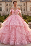 Off The Shoulder Pink Ball-Gown Ruffled Appliqued Quinceanera Dress