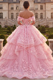 Off The Shoulder Pink Ball-Gown Ruffled Appliqued Quinceanera Dress