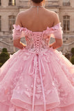 Off The Shoulder Pink Ball-Gown Ruffled Appliqued Quinceanera Dress
