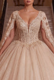 Champagne V-Neck Corset Ball-Gown Quinceanera Dress with Cape Sleeves