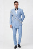 Peak Lapel 2 Piece Light Blue Double Breasted Men's Formal Suits with Beading