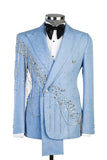 Peak Lapel 2 Piece Light Blue Double Breasted Men's Formal Suits with Beading
