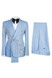 Peak Lapel 2 Piece Light Blue Double Breasted Men's Formal Suits with Beading