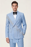 Peak Lapel 2 Piece Light Blue Double Breasted Men's Formal Suits with Beading
